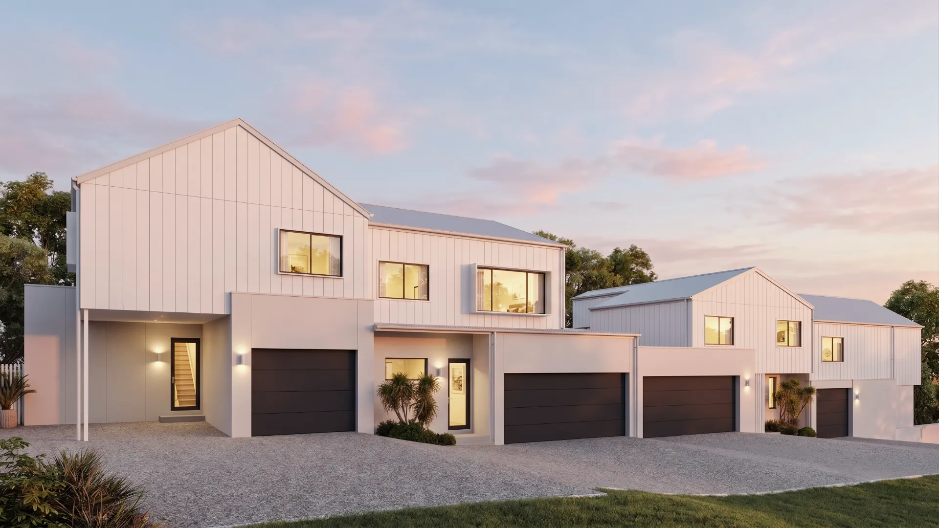 Photorealistic architectural visualisation of a contemporary residence at golden hour